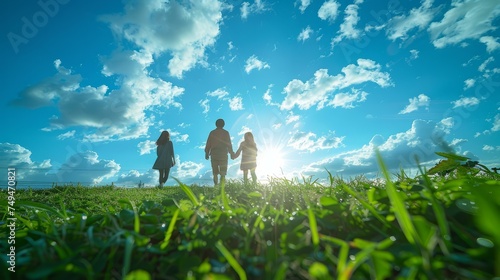 Family Enjoying a Sunny Day in the Field. Back view of a family walking hand in hand through a field under a blue sky filled with clouds.