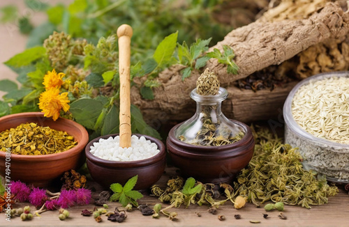 Indian herbal medicine close up on background
