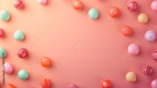 Chocolates and candies top view  sweet background  free space