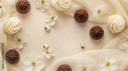 Chocolates and candies top view, sweet background, free space