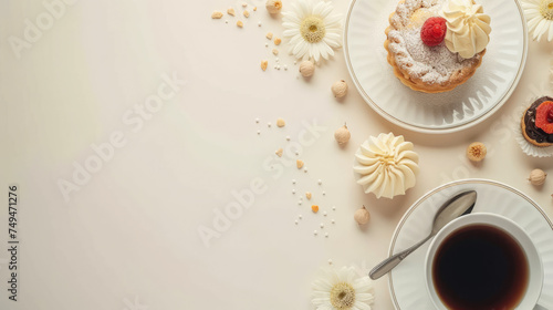 Tasty cakes top view, food background, free space