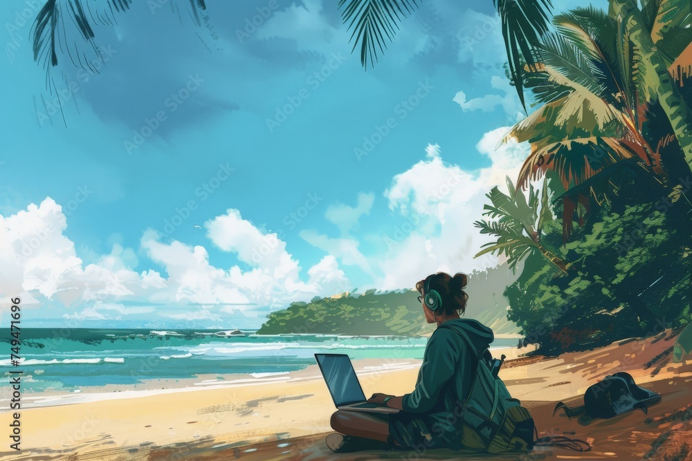 A woman sits on a beach, engrossed in her laptop, embodying the essence of the digital nomad lifestyle.