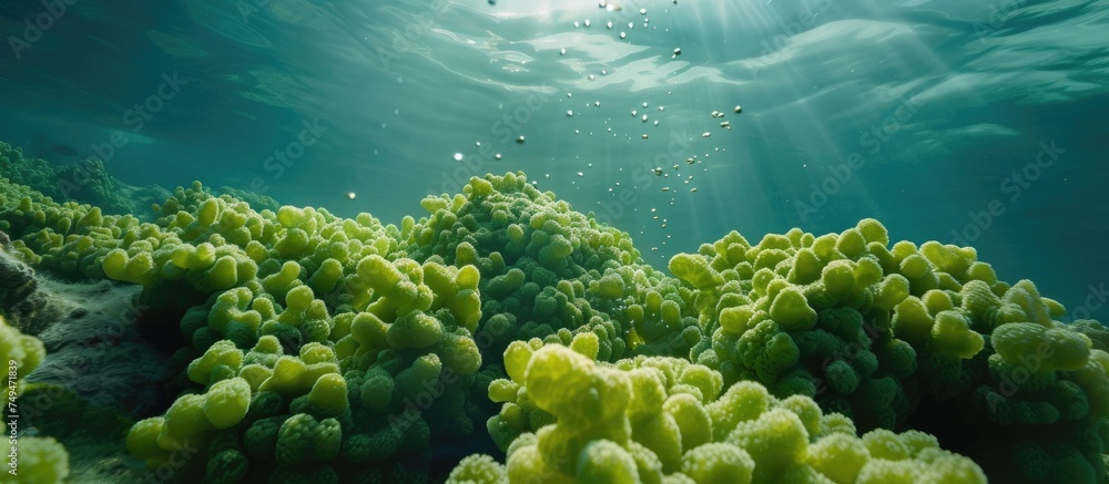 The image shows a diverse coral reef teeming with marine life, including green algae Tydemania expeditionis beads, in the clear waters of the Red Sea. Various coral formations and colorful fish can be - obrazy, fototapety, plakaty 