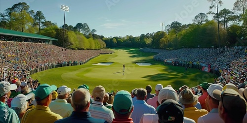 Fans watch Well-kept golf course with the fairway and green - Masters of golf (often professional golfers associated with various sponsors) play for domination on the course © Brian