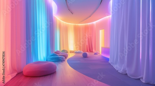 Sensory-Friendly Spaces: Designed for sensory sensitivities with quiet areas, calm corners, pastel colors, and rooms with soothing lights and textures. photo
