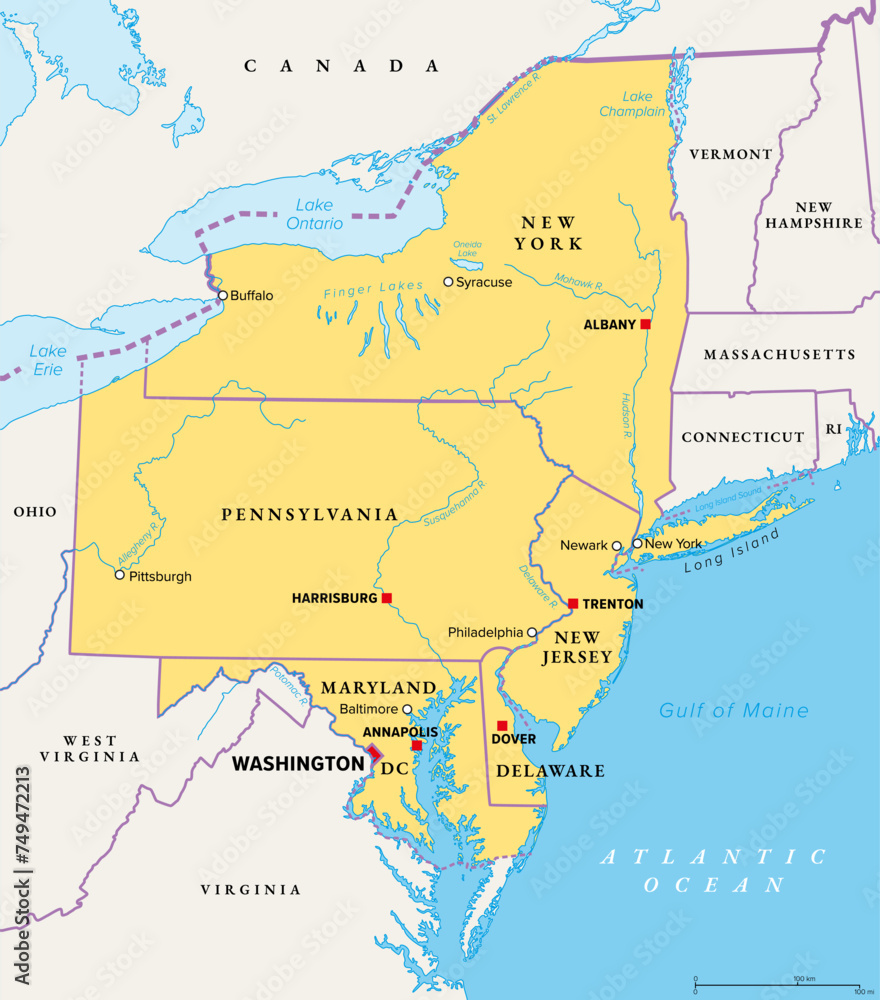Mid-Atlantic region of the United States, political map. Located in the overlap between Northeastern and Southeastern states, including Delaware, D.C., Maryland, New Jersey, New York and Pennsylvania.