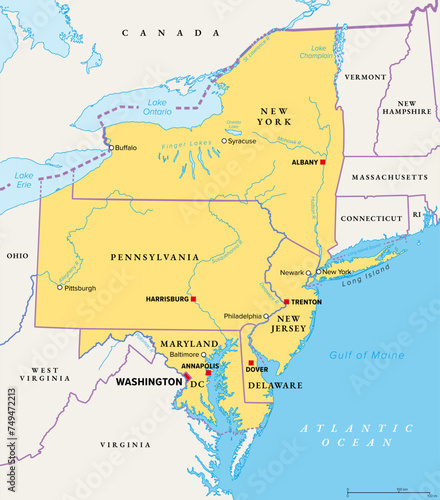 Mid-Atlantic region of the United States, political map. Located in the overlap between Northeastern and Southeastern states, including Delaware, D.C., Maryland, New Jersey, New York and Pennsylvania. photo