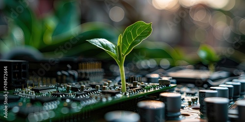 Plant growing on a motherboard - sustainable green technology concept with a seedling growing out of circuitry 