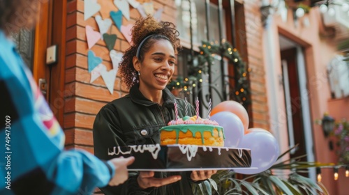 Happy young woman holding a vibrant birthday cake with candles, enjoying an outdoor celebration with balloons and party decorations.