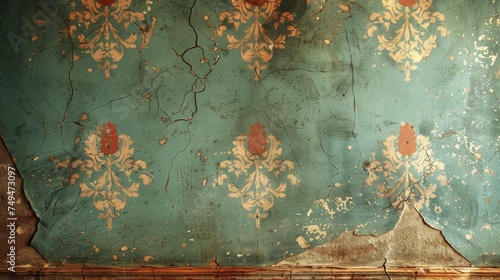 Detailed patterns adorn the vintage wallpaper within the historic mansion, exuding a retro charm that harks back to a bygone era. photo