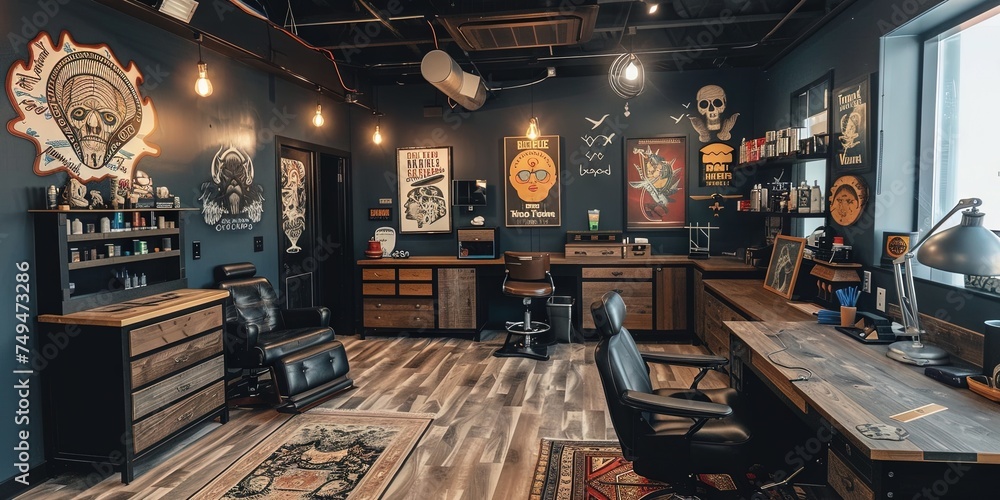Tattoo shop - modern interior of a tattoo and piercing business with walls filled with art designs to choose from - obrazy, fototapety, plakaty 