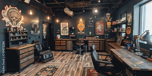 Tattoo shop - modern interior of a tattoo and piercing business with walls filled with art designs to choose from