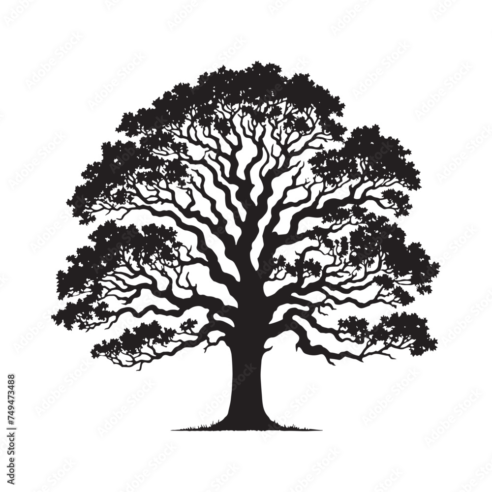 Fototapeta premium A Beacon of Strength: A Towering Oak Tree Silhouette Providing Shelter and Security - Illustration of Oak Tree - Vector of Oak Tree - Silhouette of Oak Tree 