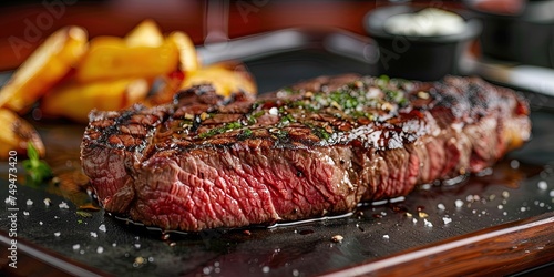 Modern steakhouse steak - grill marks and herbs plated to serve to customers