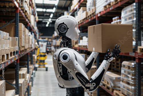 Futuristic robot working in a warehouse, modern anthropomorphic automated ai robot machine helping with logistics and packaging, shipping stock store