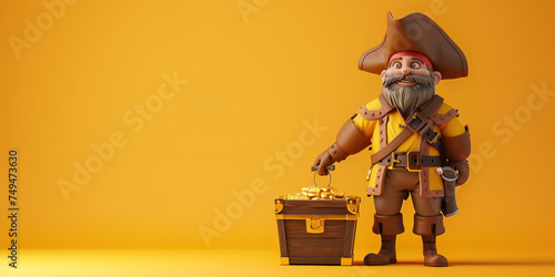 3D Illustration of a Swashbuckling Pirate With a Treasure Chest Brimming with Gold Coins on a Vibrant Yellow Background photo