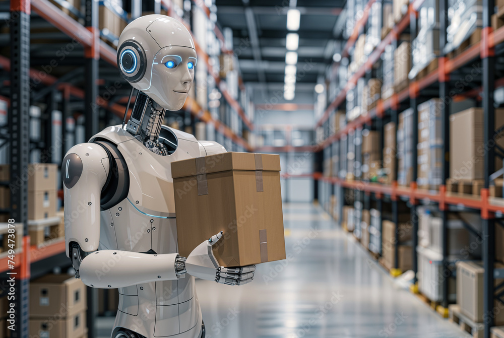 Futuristic robot working in a warehouse, modern anthropomorphic automated ai robot machine helping with logistics and packaging, shipping stock store - obrazy, fototapety, plakaty 
