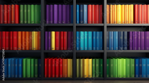 Bookshelf with colorful rainbow folders, Ai generated image.