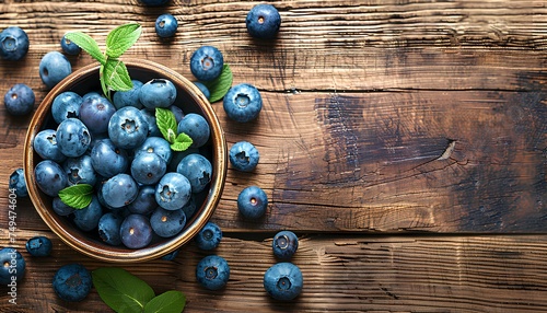 Blueberries in a bowl on a wooden table top view. Blueberry harvest. Fresh and ripe blueberries freshly picked bird's eye view