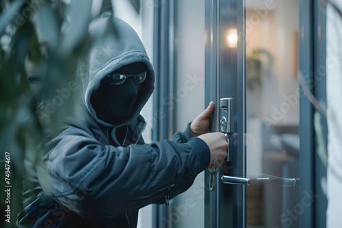 Masked burglary or thief breaking into a home opens the lock on the door, theft crime criminal case concept, Alarm system, Security system, Smart House and insurance © mediahain.de