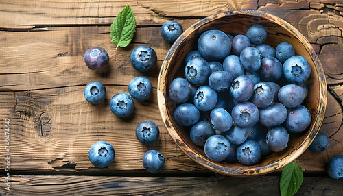 Blueberries in a bowl on a wooden table top view. Blueberry harvest. Fresh and ripe blueberries freshly picked bird's eye view