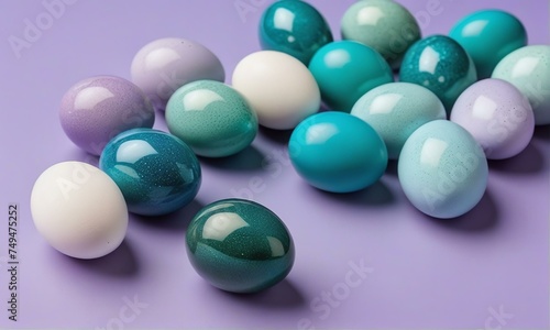 Assorted Purple  Teal  and Green Easter Eggs on Soft Lavender Background