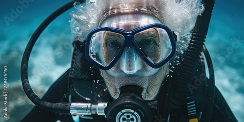 Older woman scuba diving - grandma action sports. Retired senior citizen checking items off  her bucket list photo