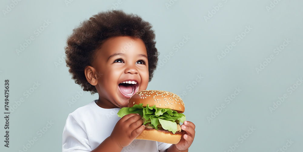 Happy African American child bites a delicious hamburger with lettuce. A cheerful little boy in a white T-shirt holds a hamburger in his hands on a gray background. Banner with place for text Happy African American child bites a delicious hamburger with lettuce. A cheerful little boy in a white T-shirt holds a hamburger in his hands on a gray background. Banner with place for text