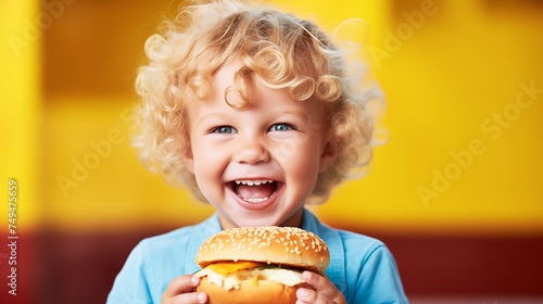 Cheerful child smiles and bites a burger against the background of a yellow wall. A small fair-haired boy in a blue T-shirt is having lunch in a cafe. Healthy eating concept