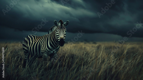 Zebra in the grass on storm sky background