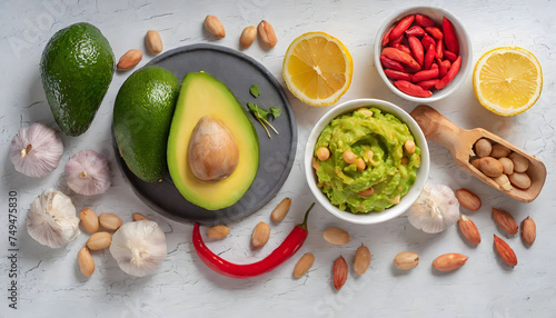 ingredients for homemade guacamole. avocado, lemon, garlic, peanuts, chili pepper , top view