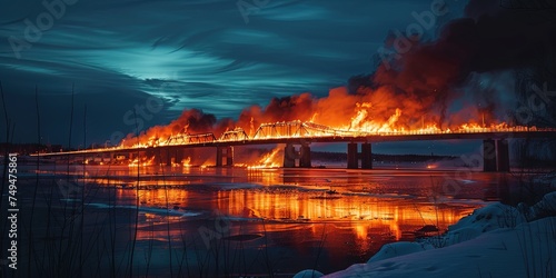 Burning bridges idiom concept - a bridge on fire with large orange and yellow flames and billowing smoke © Brian