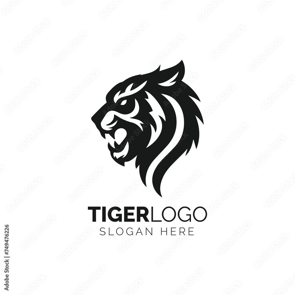 Ferocious tiger head logo in black and white