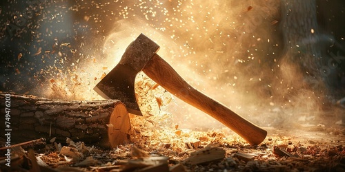 Axe to grind - an ax wedged in a wooden tree stump photo