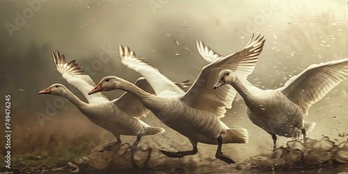 Wild goose chase - excited white geese in nature flying and chasing each other photo