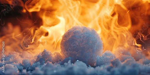 Snowball's chance in hell - frozen snowball surrounded by fiery flames photo