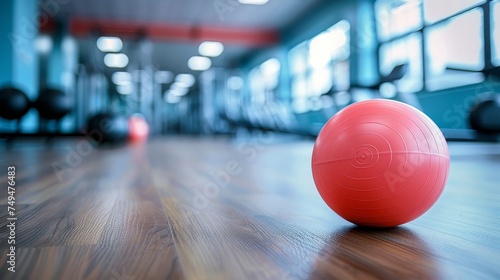 Close-up of a red exercise ball on the wooden floor of a well-equipped contemporary gym.