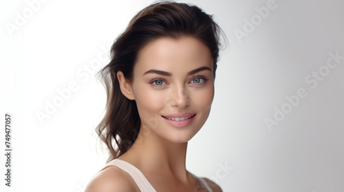 Beautiful model woman with clear facial tan healthy skin and a big pretty smile on her face light white gray background