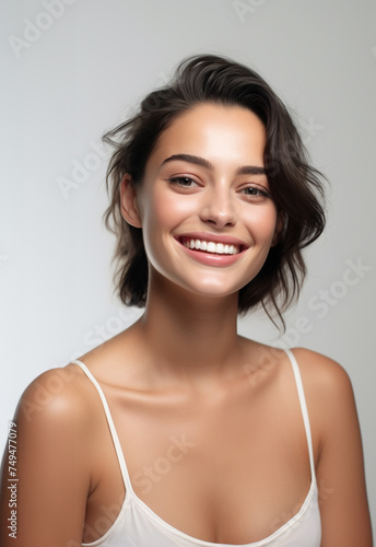 Beautiful model woman with clear facial tan healthy skin and a big pretty smile on her face light white gray background