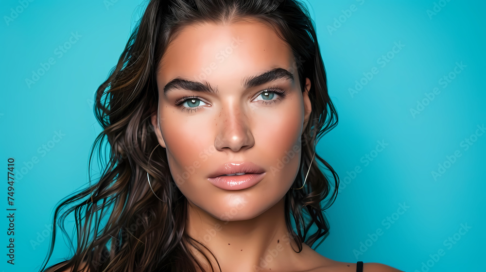 Fototapeta premium Portrait of a Young Woman With Striking Beauty Against a Blue Background