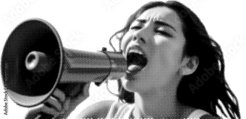 Vector of isolated woman screaming with megaphone halftone effect with transparent background. Vector illustration of a woman holding a megaphone. Vector background for t-shirts, posters, web
