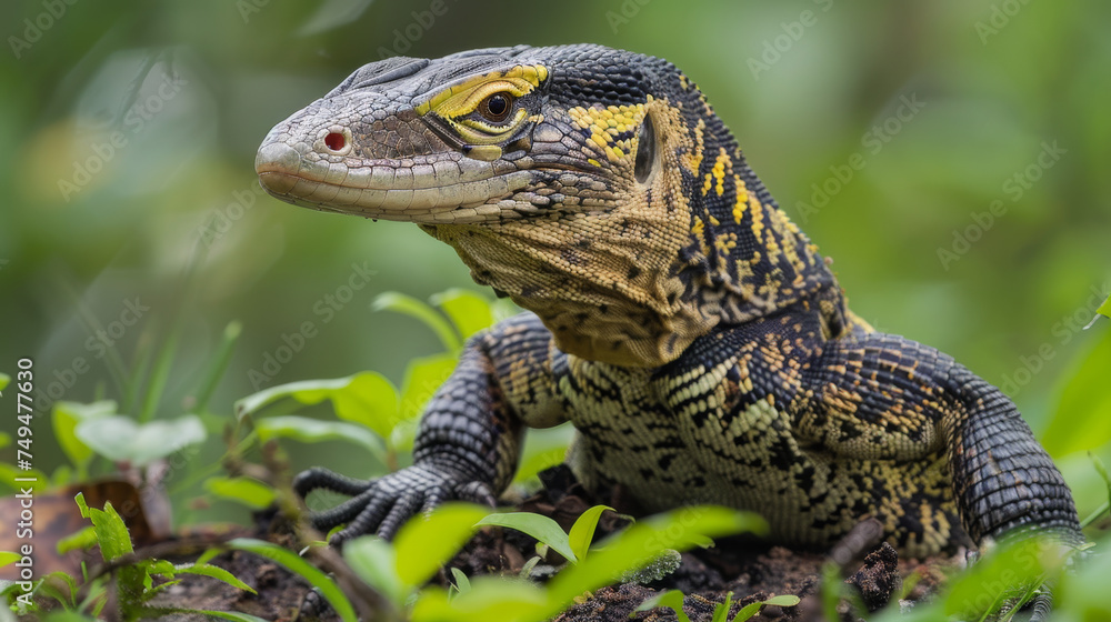 Fototapeta premium Close-up of a monitor lizard among green leaves, showcasing its detailed scales and alert eyes.