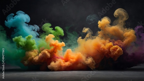 Green yellow and Orange smoke swirls on a black background  resembling abstract clouds in the sky