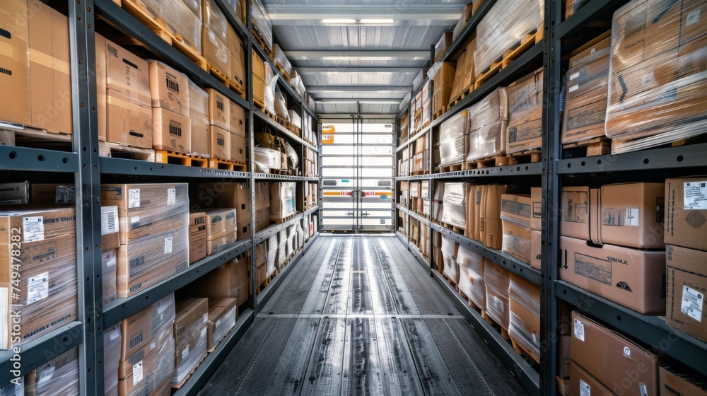 Interior view of a large distribution warehouse with orderly rows of packaged boxes on high shelves ready for shipment.