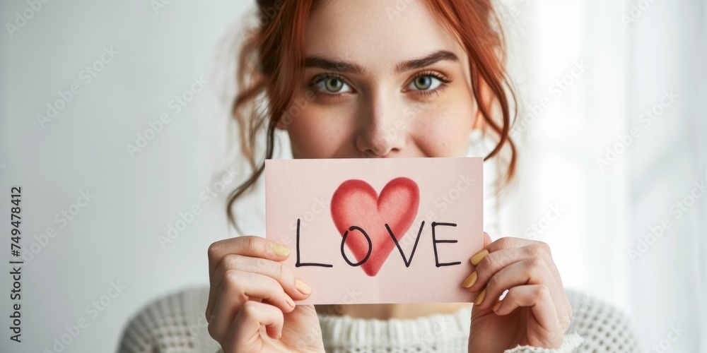 A woman gently holds a piece of paper with the word love beautifully handwritten on it. She gazes at the word with a soft smile, radiating warmth and affection. A woman gently holds a piece of paper with the word love beautifully handwritten on it. She gazes at the word with a soft smile, radiating warmth and affection.