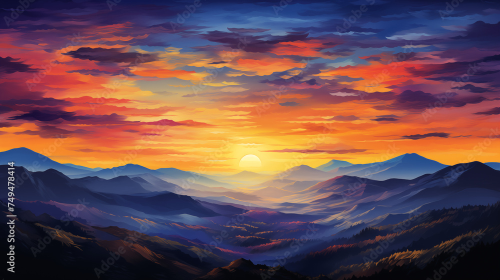 Sunset Majesty: Vibrant Skies Over Mountainous Landscape Sunset Majesty: Vibrant Skies Over Mountainous Landscape