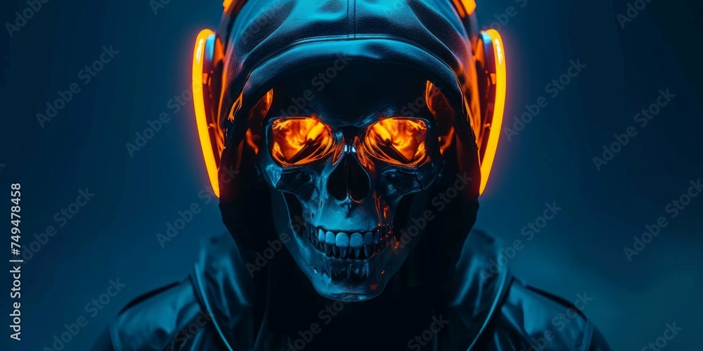A skull with headphones on its head, emitting a radiant glow from its orange eyes. It appears to be immersed in music, symbolizing a fusion of life and death. A skull with headphones on its head, emitting a radiant glow from its orange eyes. It appears to be immersed in music, symbolizing a fusion of life and death.