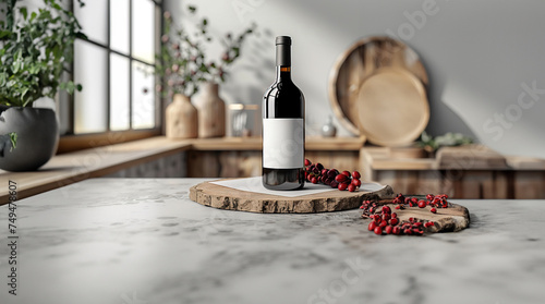Premium Red Wine Bottle on Rustic Wooden Table, Gourmet Experience created with Generative AI technology