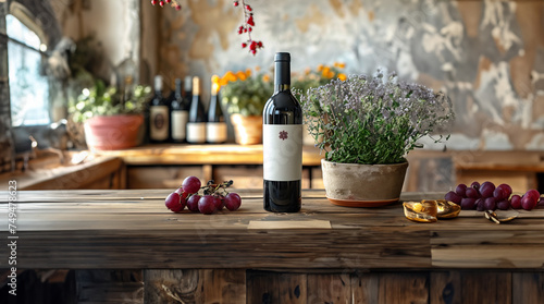 Premium Red Wine Bottle on Rustic Wooden Table, Gourmet Experience created with Generative AI technology © Fernando Cortés