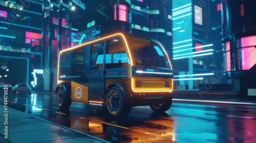 A modern autonomous electric vehicle drives through a cityscape illuminated with neon lights, reflecting advanced transportation technology.